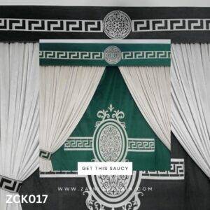 green and off white curtain and blinds with center bunch