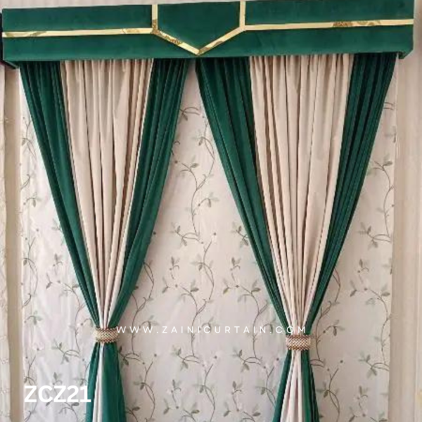 Dark Green and Ivory Colour Curtains and Blind Set