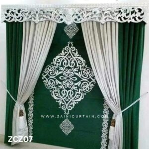 Dark Green and Light Grey Colour Curtains and Blind Set