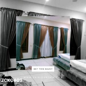 Brown and SeaGreen Colour With White Shefoon Curtains and Blind Set