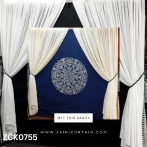 White & Blue with Center Bunch Curtain Blind